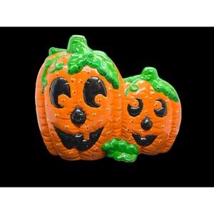 Vtg Ceramic Hand Painted Double Sided Pumpkins '87 Signed Jack-o-Lantern 10"X8"